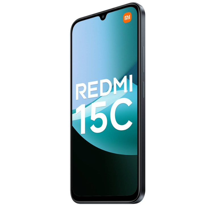 Xiaomi Redmi 15C, smartphone preto, ecrã 6.79 polegadas, HD+, processador MediaTek Helio G85, 4GB RAM, 128GB armazenamento.
