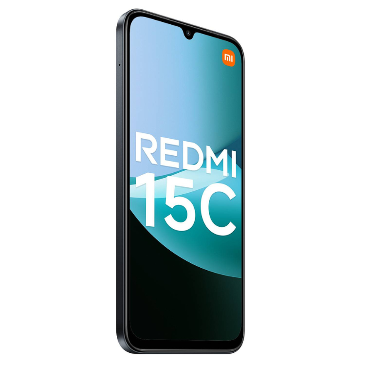 Xiaomi Redmi 15C, smartphone preto, ecrã 6.5 polegadas, 4GB RAM, 128GB.
