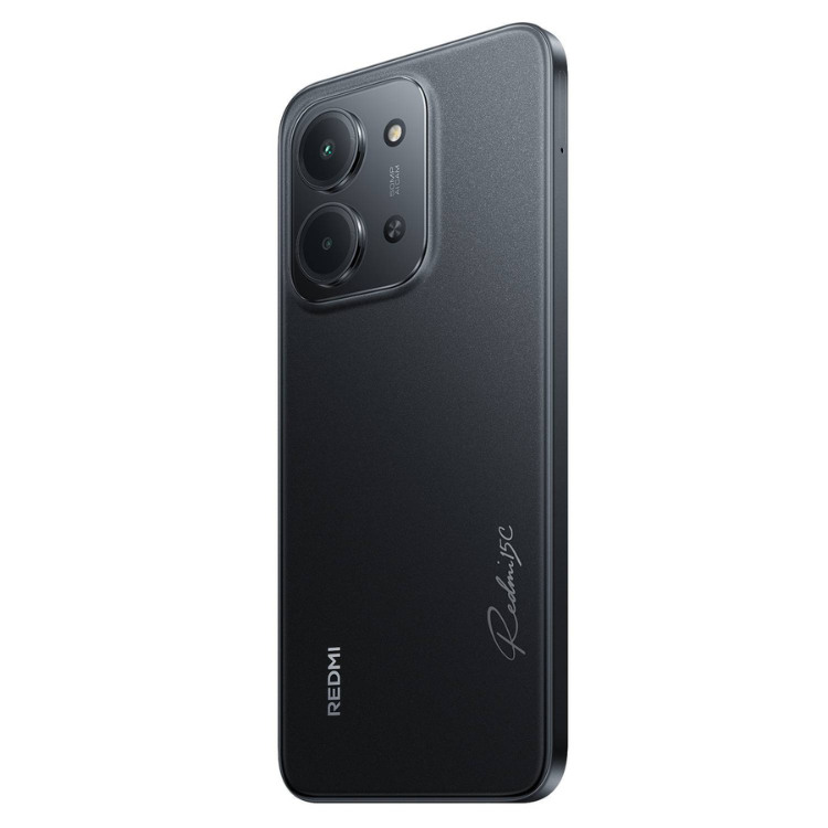 Xiaomi Redmi 15C, smartphone preto, 4GB/128GB, câmara tripla, ecrã HD+ de 6.5 polegadas.