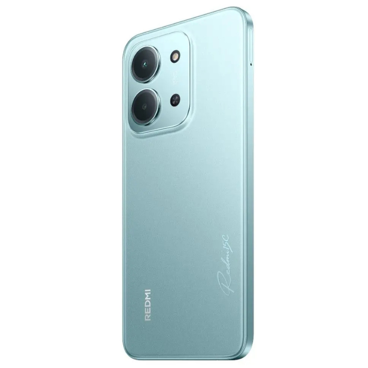 Xiaomi Redmi 15C, smartphone verde, câmara tripla, logótipo Redmi e modelo na parte de trás.