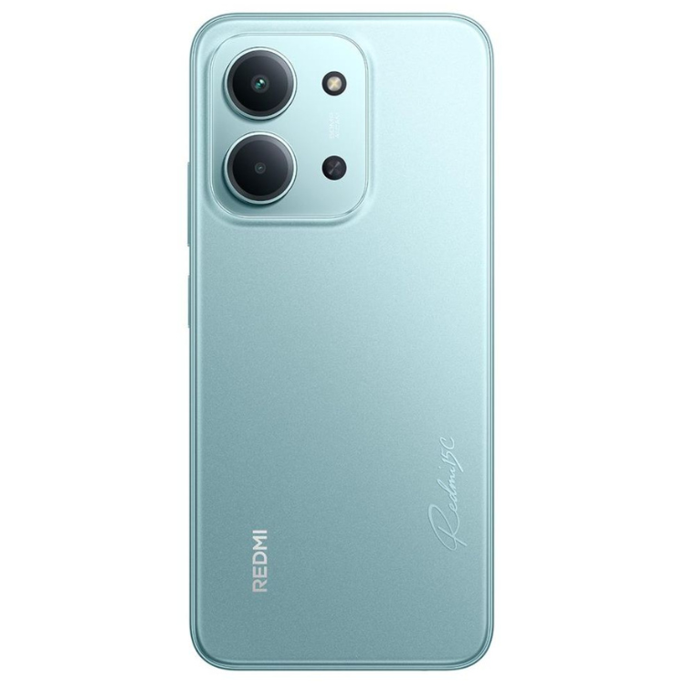 Smartphone Xiaomi Redmi 15C, verde, câmara tripla, logótipo Redmi e modelo na parte de trás.