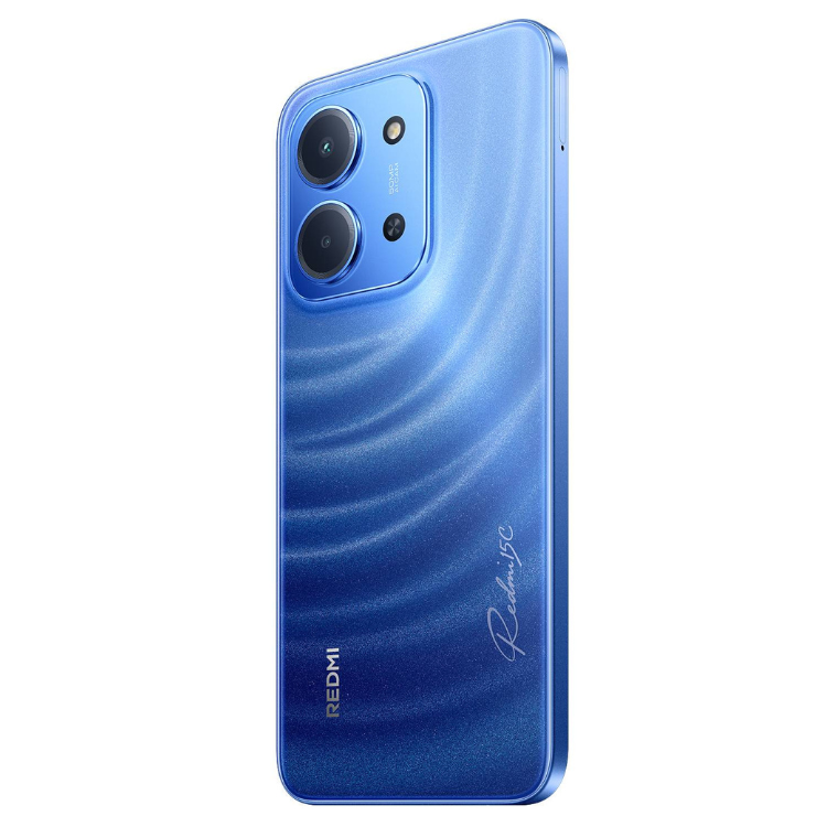 Smartphone Xiaomi Redmi 15C, azul, 4GB/256GB, câmara tripla, logótipo Redmi e detalhes em relevo.