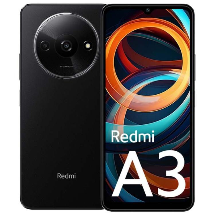 Smartphone Xiaomi Redmi A3 preto, 3GB/64GB, câmara dupla e ecrã colorido.