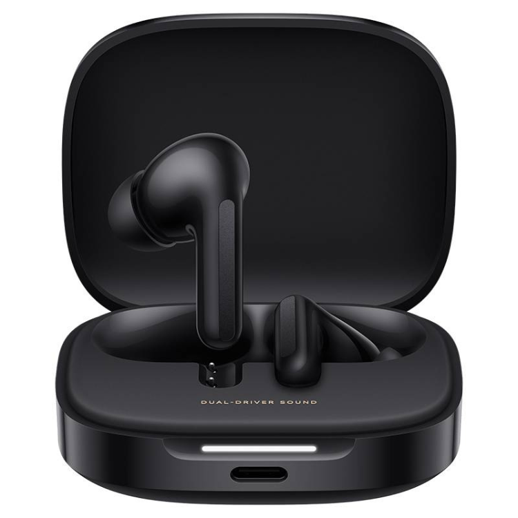 Auriculares Bluetooth Xiaomi Redmi Buds 6 preto, com caixa aberta e um auricular levantado, mostrando tecnologia de som dual-driver.