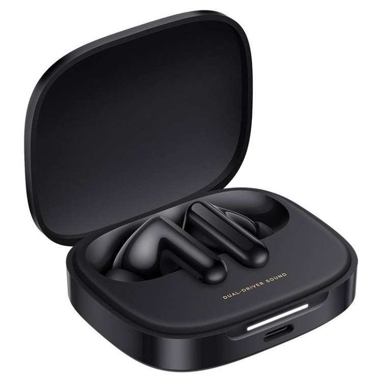 Auriculares Bluetooth Xiaomi Redmi Buds 6 preto, com caixa aberta mostrando os auriculares dentro.