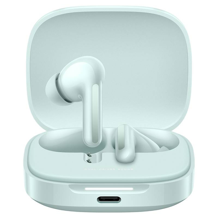Auriculares Bluetooth Xiaomi Redmi Buds 6 verde, sem fios, com caixa aberta e dois auriculares no interior.