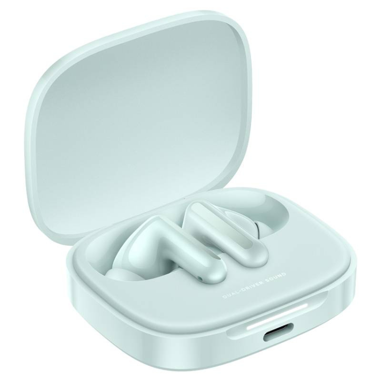 Auriculares Bluetooth Xiaomi Redmi Buds 6 verde, sem fios, com caixa aberta e dois auriculares no seu interior.