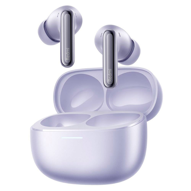 Auriculares Bluetooth Xiaomi Redmi Buds 6 Pro roxo, com caixa de carregamento e dois auriculares removíveis.