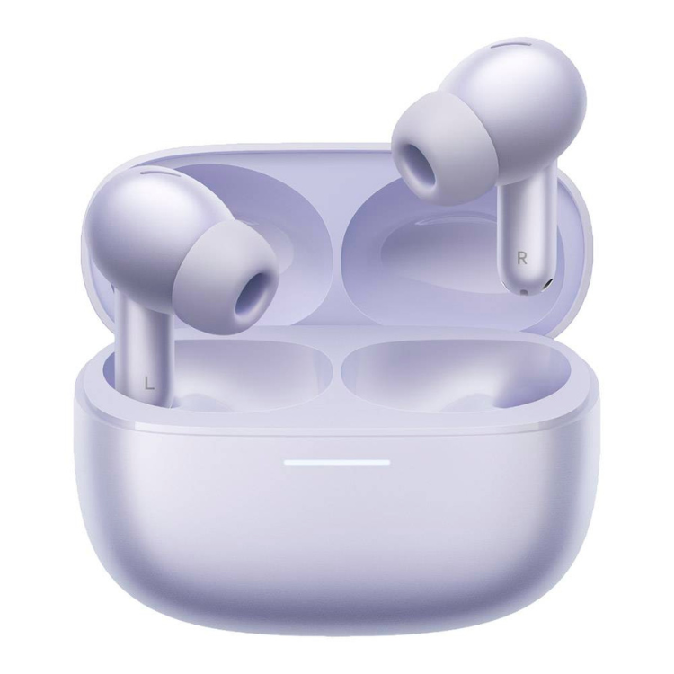 Auriculares Bluetooth Xiaomi Redmi Buds 6 Pro roxo, com caixa de carregamento e dois auriculares removíveis.