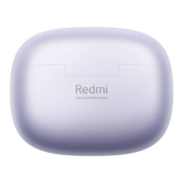 Auriculares Bluetooth Xiaomi Redmi Buds 6 Pro, caixa de carregamento roxo claro com logótipo Redmi e som triplo-driver.