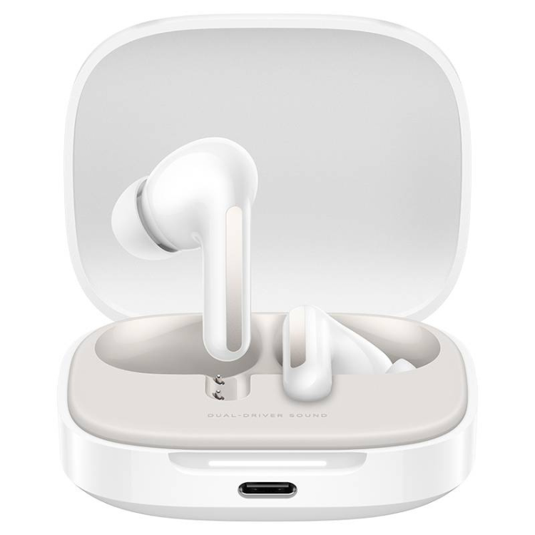 Auriculares Bluetooth Xiaomi Redmi Buds 6 branco, com caixa aberta e fones dentro.