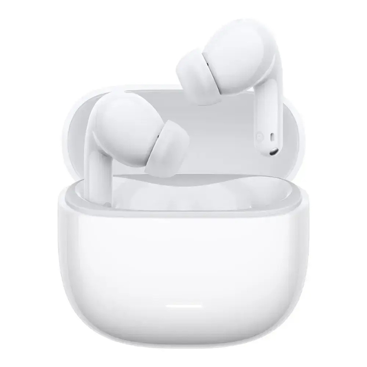 Auriculares Bluetooth Xiaomi Redmi Buds 8 Lite brancos num estojo aberto.
