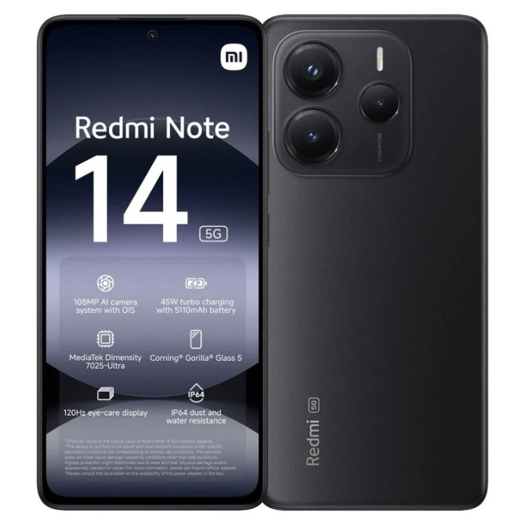 Xiaomi Redmi Note 14 5G preto, vista frontal e traseira, com detalhes de câmera tripla e tela AMOLED.