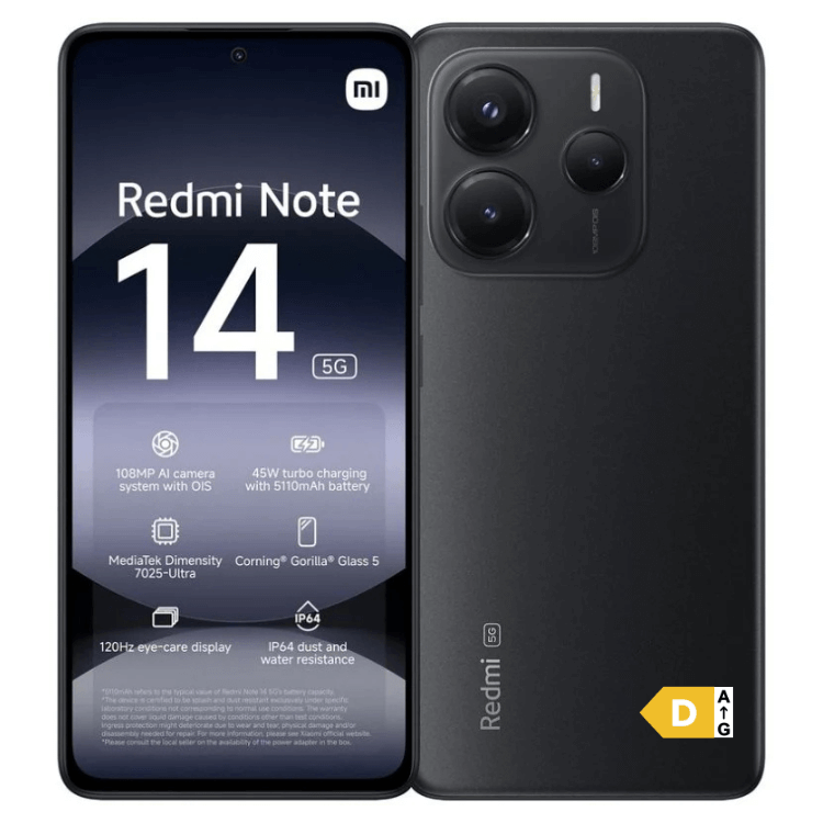 Smartphone Xiaomi Redmi Note 14 5G preto, 8GB RAM, 256GB, câmara dupla e ecrã 120Hz.
