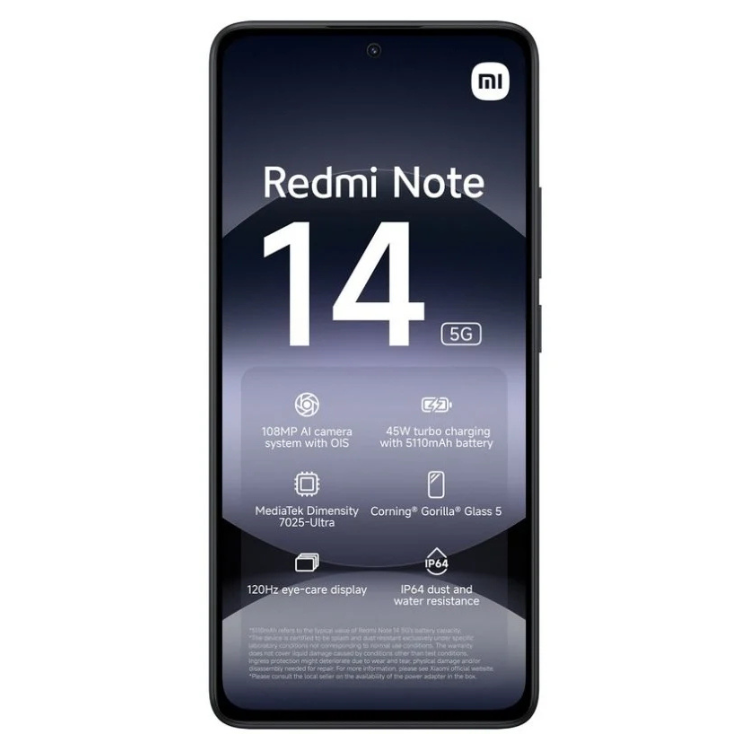 Xiaomi Redmi Note 14 5G preto, smartphone com ecrã AMOLED e 6GB/128GB de memória.
