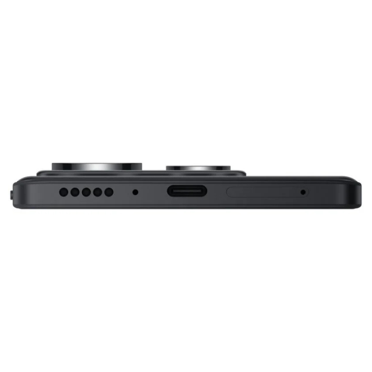 Smartphone Xiaomi Redmi Note 14 5G preto, lado inferior com câmaras, USB-C e altifalantes.