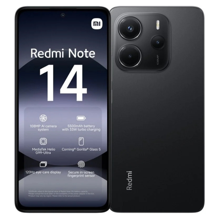 Smartphone Xiaomi Redmi Note 14 preto, 8GB/256GB, câmara dupla e ecrã HD.
