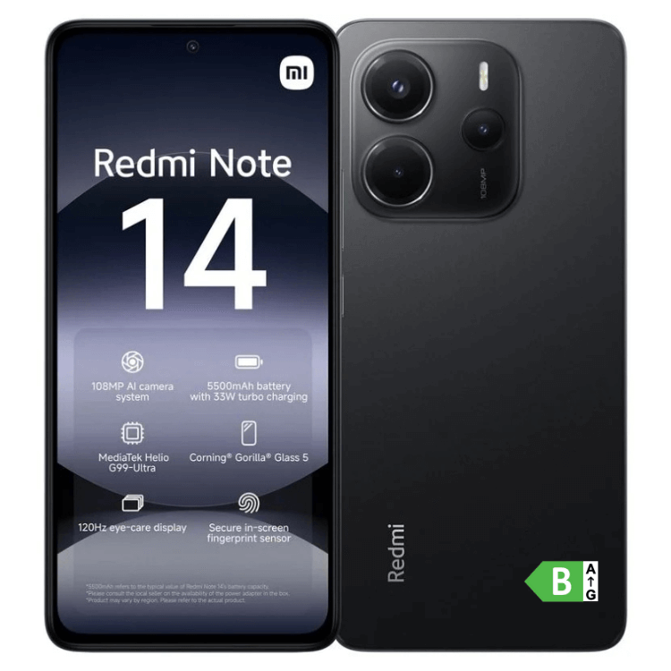 Smartphone Xiaomi Redmi Note 14, preto, 8GB/256GB, câmara tripla, ecrã 120Hz.