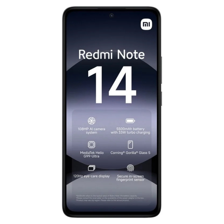 Smartphone Xiaomi Redmi Note 14 preto, 8GB RAM, 256GB, ecrã com características técnicas.