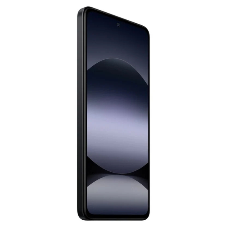 Smartphone Xiaomi Redmi Note 14 preto, ecrã grande com imagem de esfera reflexiva.