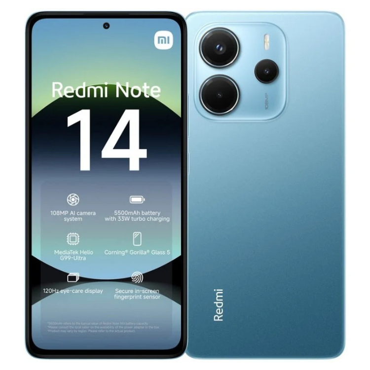 Smartphone Xiaomi Redmi Note 14, azul, 6GB/128GB, câmaras triplas, ecrã AMOLED.