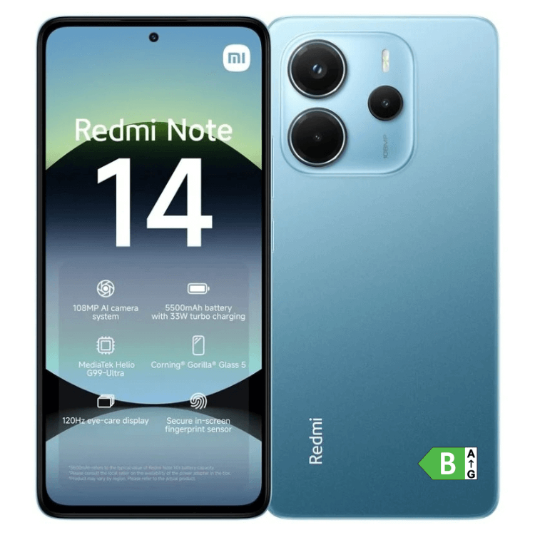 Smartphone Xiaomi Redmi Note 14, azul, 6GB/128GB, câmaras duplas e ecrã AMOLED.