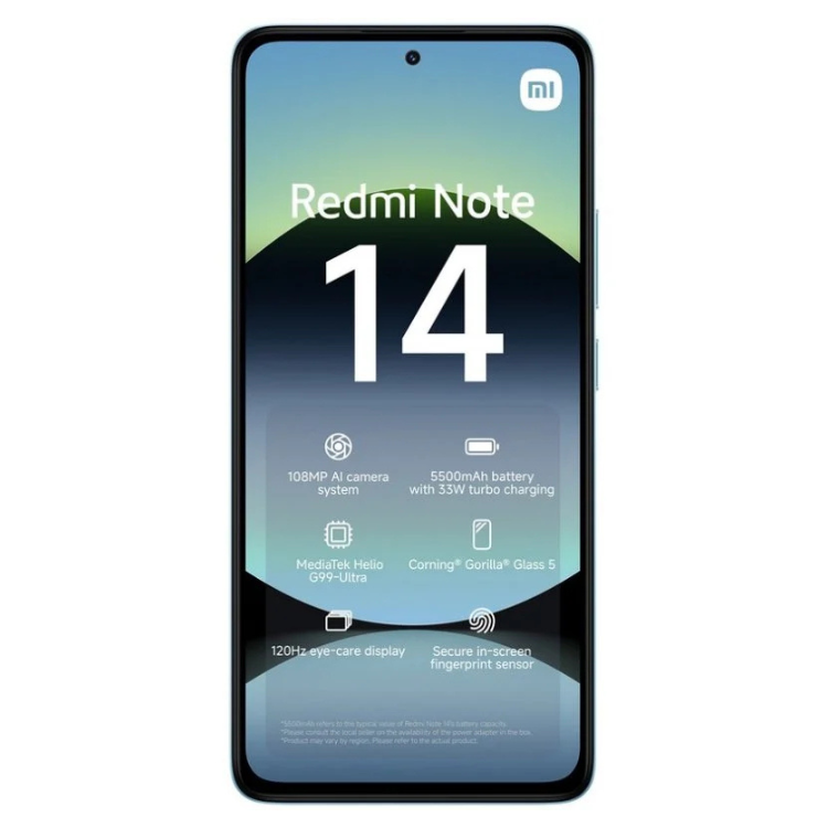 Smartphone Xiaomi Redmi Note 14, 6GB/128GB, Dual Sim, cor azul, com ecrã AMOLED e câmara principal de alta resolução.