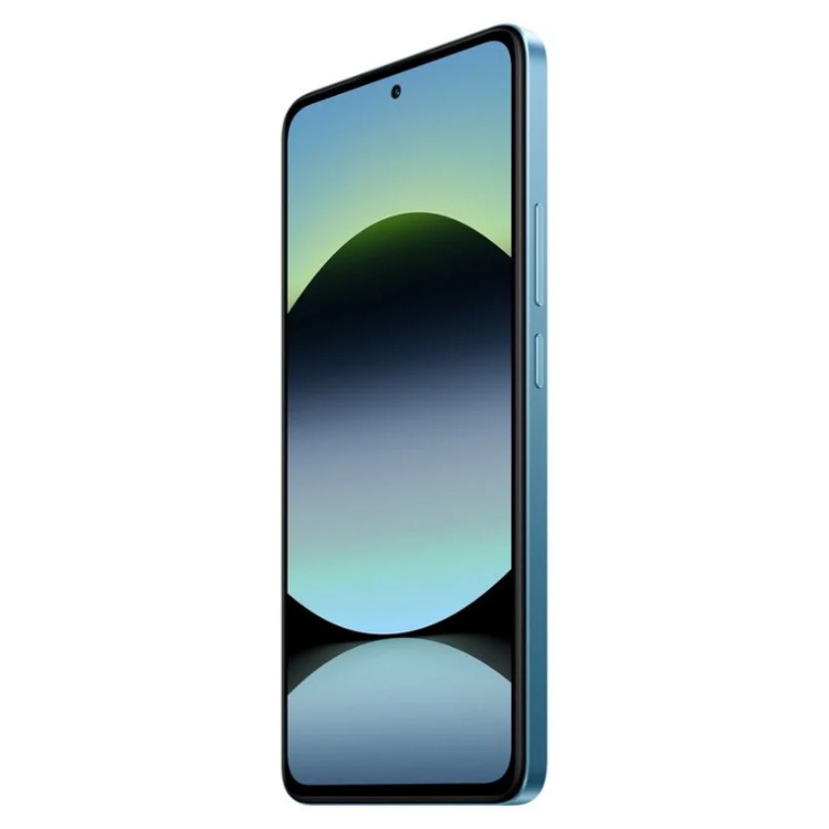 Smartphone Xiaomi Redmi Note 14 azul, ecrã AMOLED com imagem de montanha e reflexo, 6GB RAM, 128GB.