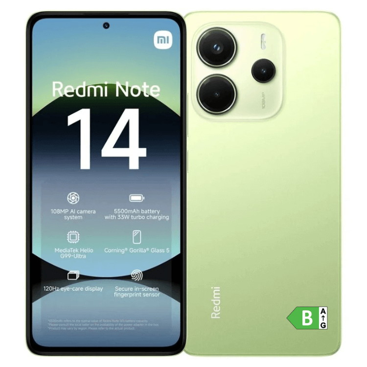 Smartphone Xiaomi Redmi Note 14 verde, 8GB/256GB, câmara tripla e ecrã HD.