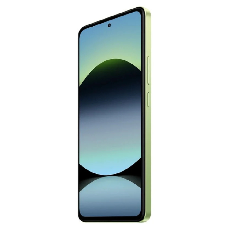 Smartphone Xiaomi Redmi Note 14 verde, com ecrã ligado mostrando imagem de montanha e reflexo, 8GB RAM, 256GB.