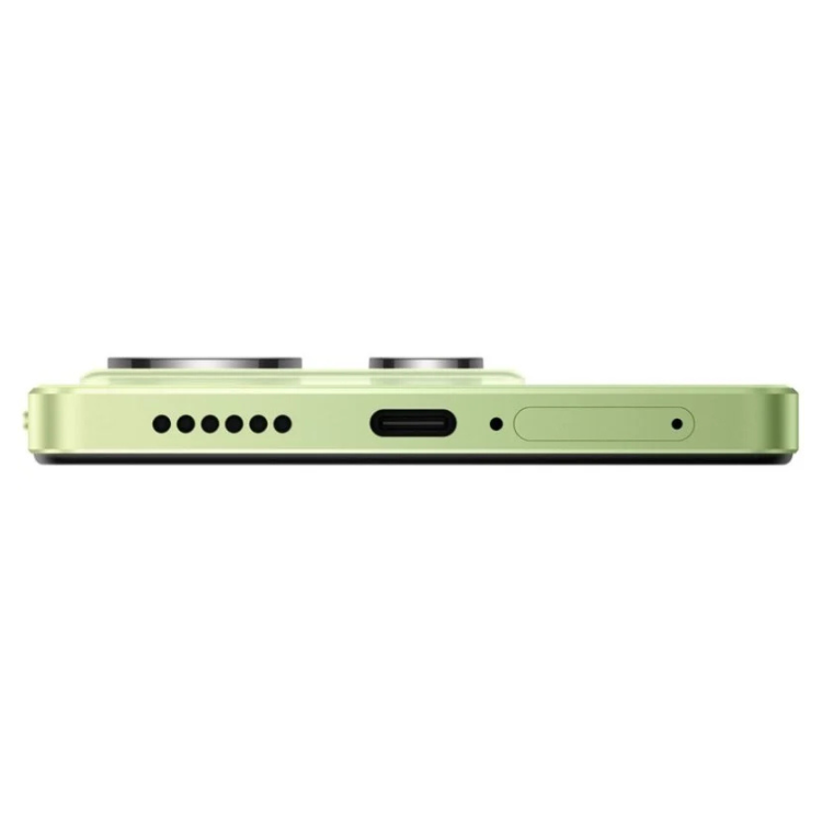 Smartphone Xiaomi Redmi Note 14 verde, lado inferior com câmaras, USB e altifalantes.