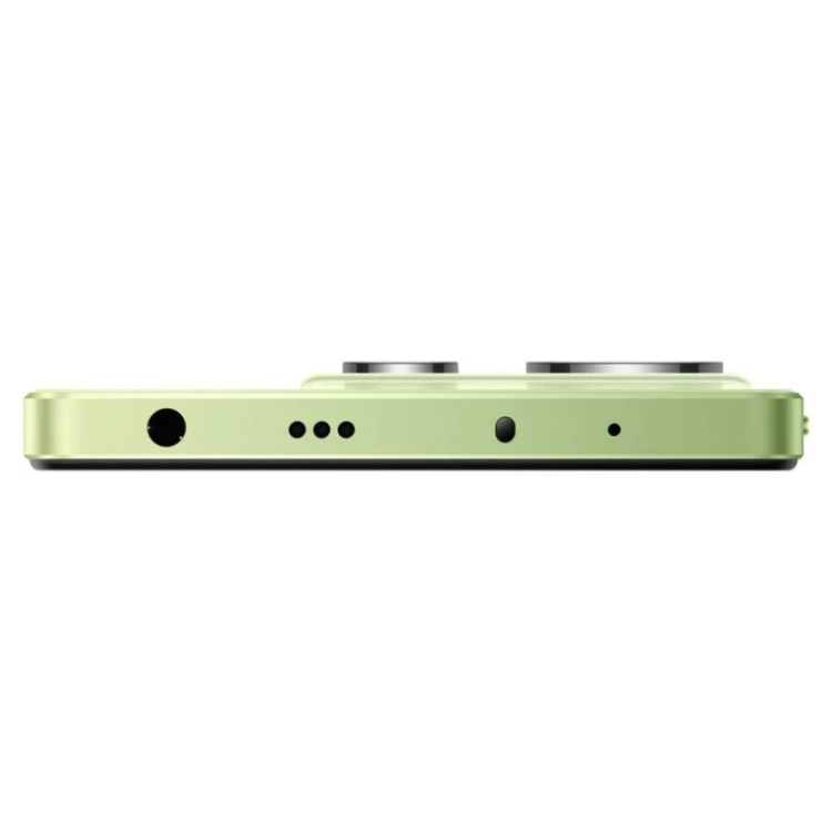 Smartphone Xiaomi Redmi Note 14 verde, lado inferior com câmaras, microfone e entradas.