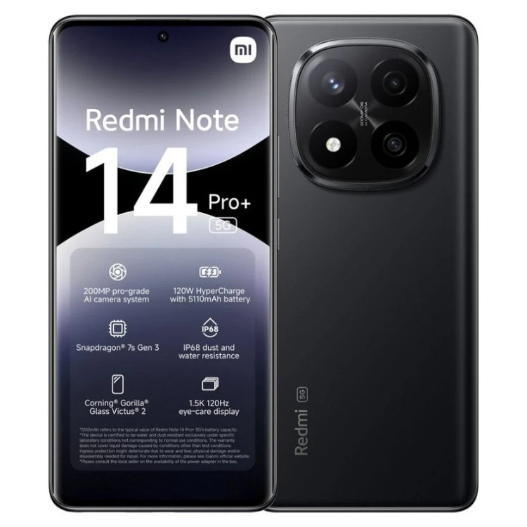 Smartphone Xiaomi Redmi Note 14 Pro+ 5G preto, com câmara tripla e ecrã 1.5K.