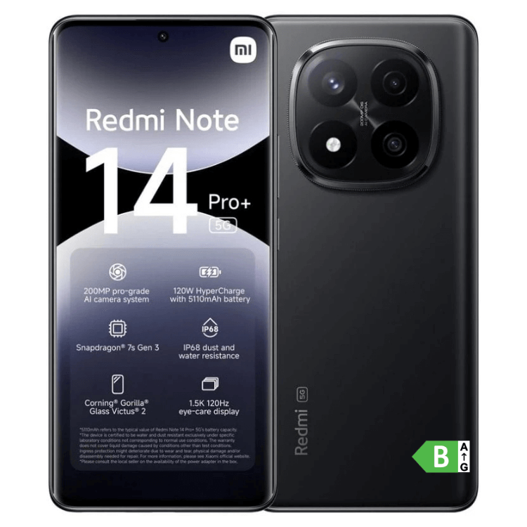 Smartphone Xiaomi Redmi Note 14 Pro+ 5G preto, com câmara tripla e ecrã 1.5K.
