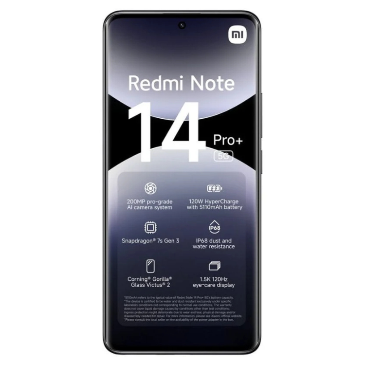 Smartphone Xiaomi Redmi Note 14 Pro+ 5G, preto, com detalhes técnicos na tela.