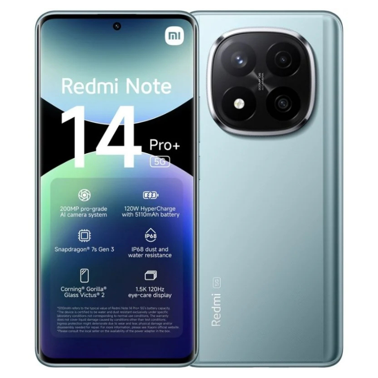 Smartphone Xiaomi Redmi Note 14 Pro+ azul, frente e verso, com detalhes de câmera e características técnicas.