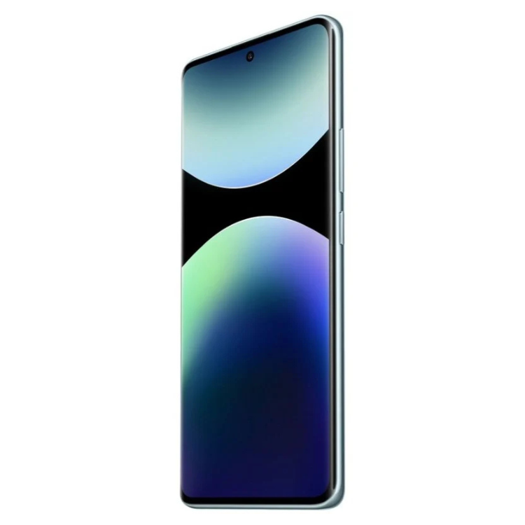 Smartphone Xiaomi Redmi Note 14 Pro azul, ecrã com tons de azul e verde.