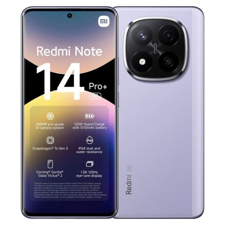 Smartphone Xiaomi Redmi Note 14 Pro+ 5G roxo, com ecrã e parte traseira visíveis, destacando a marca Redmi e características do dispositivo.