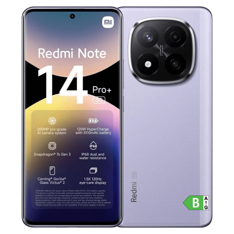 Smartphone Xiaomi Redmi Note 14 Pro+ 5G roxo, 12GB/512GB, câmara tripla e ecrã 1.5K.