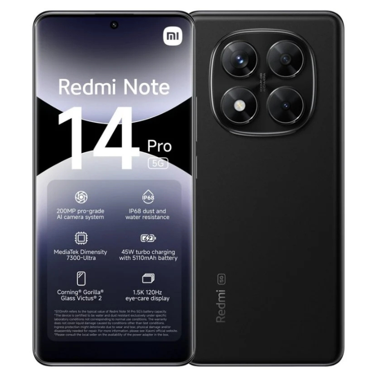 Smartphone Xiaomi Redmi Note 14 Pro 5G preto, com câmara quádrupla e ecrã 1.5K.