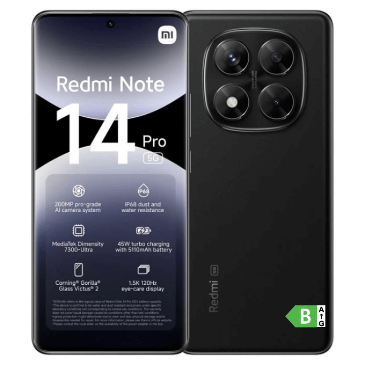 Smartphone Xiaomi Redmi Note 14 Pro 5G preto, com câmara tripla e ecrã 120Hz.