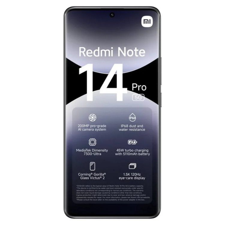 Xiaomi Redmi Note 14 Pro 5G preto, smartphone com ecrã 1.5K 120Hz, câmara 200MP e bateria 5110mAh.