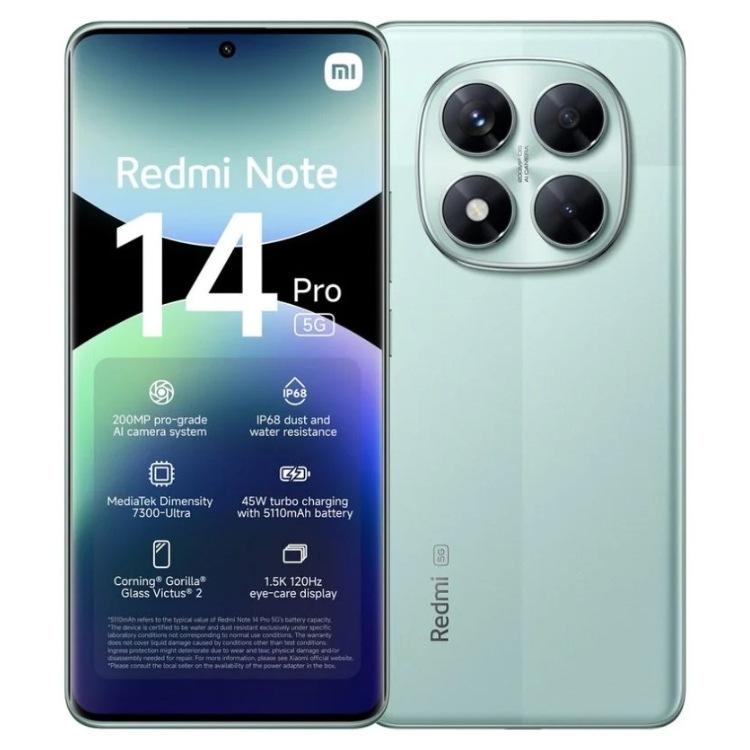 Smartphone Xiaomi Redmi Note 14 Pro 5G, cor verde, com 4 câmeras e ecrã colorido.