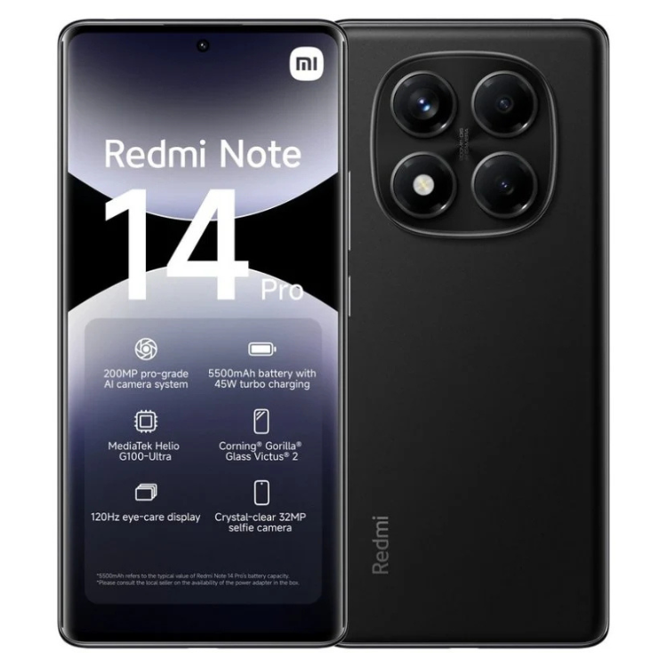 Smartphone Xiaomi Redmi Note 14 Pro, 12GB/512GB, Dual Sim, preto, com câmara tripla e ecrã amplo.