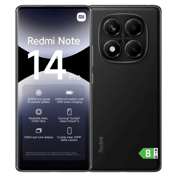 Smartphone Xiaomi Redmi Note 14 Pro, 12GB/512GB, Dual Sim, preto, com câmara tripla e ecrã amplo.