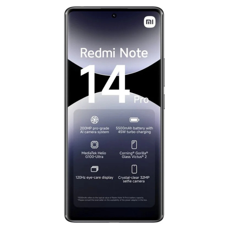 Smartphone Xiaomi Redmi Note 14 Pro, 12GB/512GB, Dual Sim, preto, com ecrã e características técnicas visíveis.