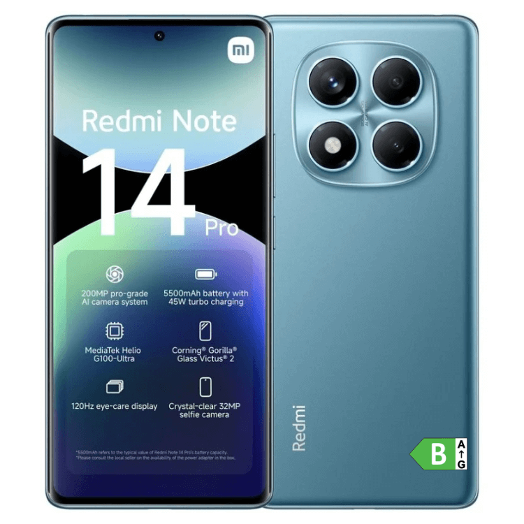Smartphone Xiaomi Redmi Note 14 Pro, azul, 12GB/512GB, câmaras quádruplas, ecrã 120Hz.