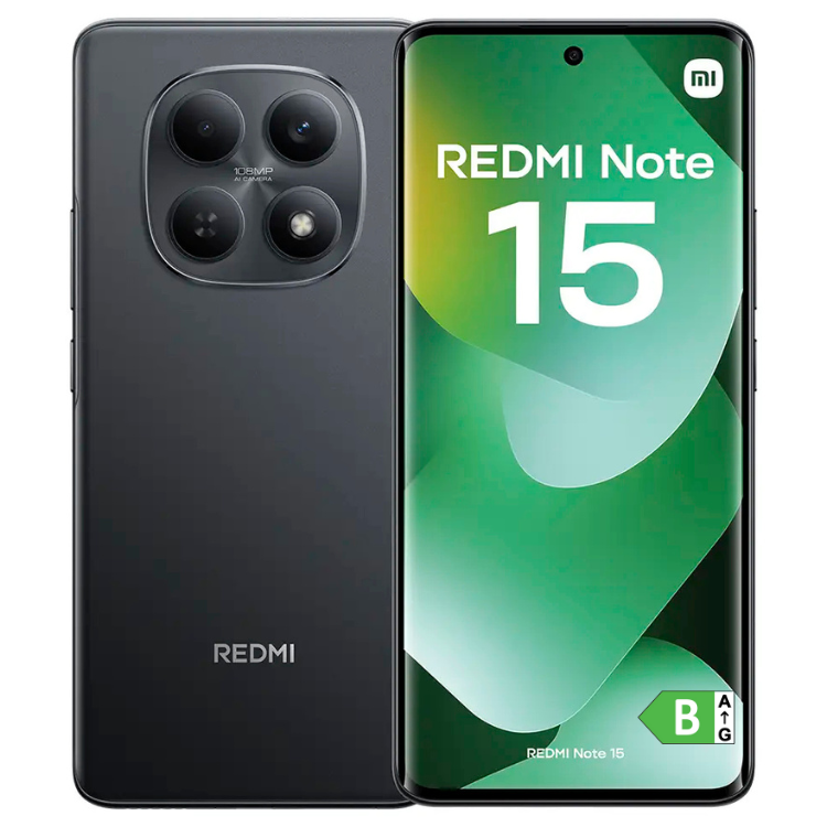 Smartphone Xiaomi Redmi Note 15 preto, com quatro câmeras e ecrã verde.