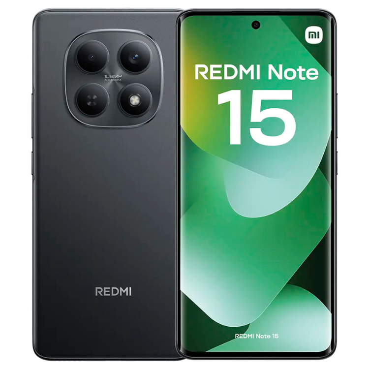 Smartphone Xiaomi Redmi Note 15 preto, com quatro câmeras traseiras e ecrã verde com o número 15.
