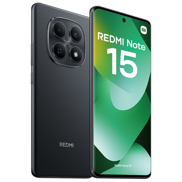Smartphone Xiaomi Redmi Note 15 preto, 8GB/256GB, câmara tripla e ecrã verde com o número 15.